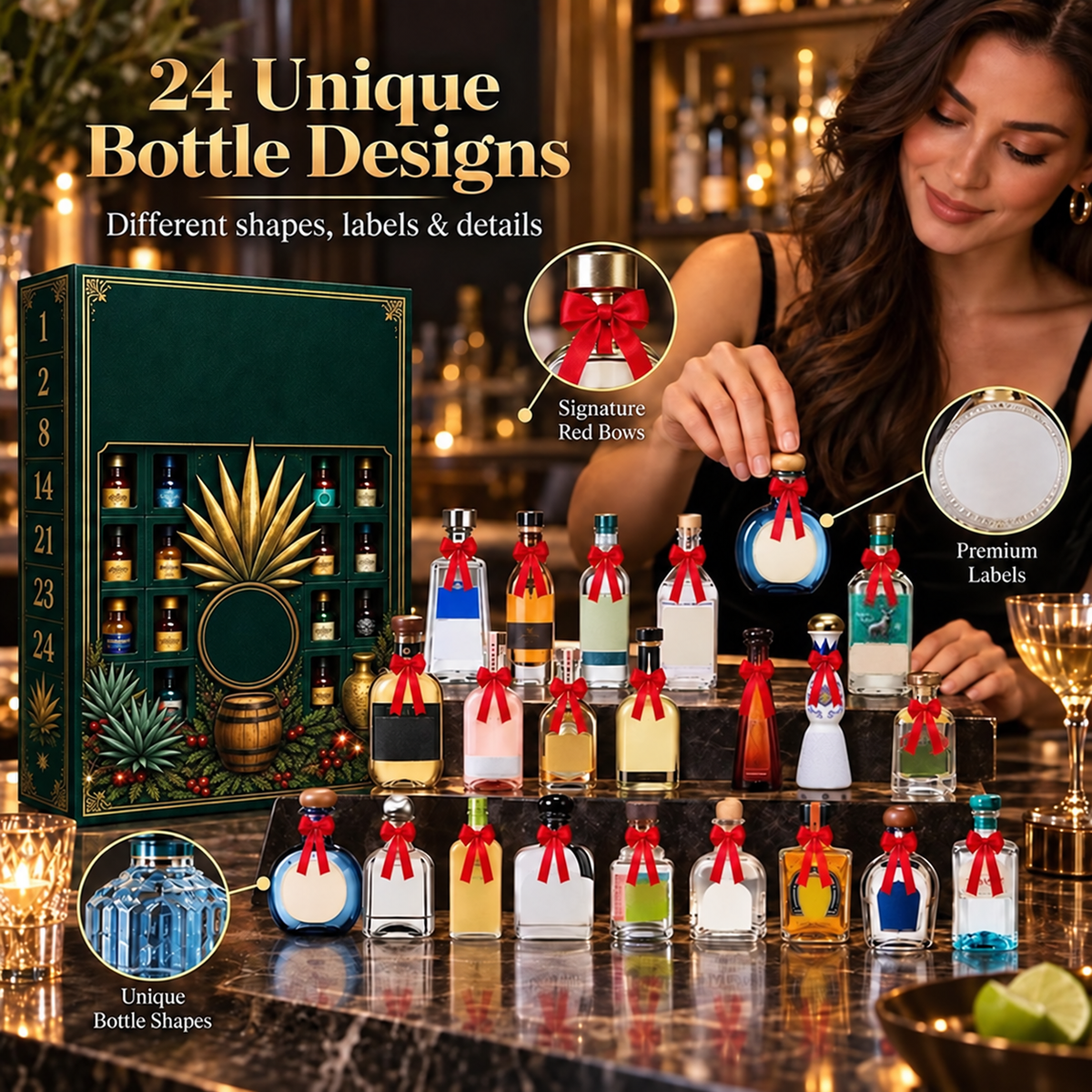 🎁✨24-Day Mini Tequila Bottle Advent  for Holiday Celebration, Bar Table Decor, Collector Gift & Family Countdown